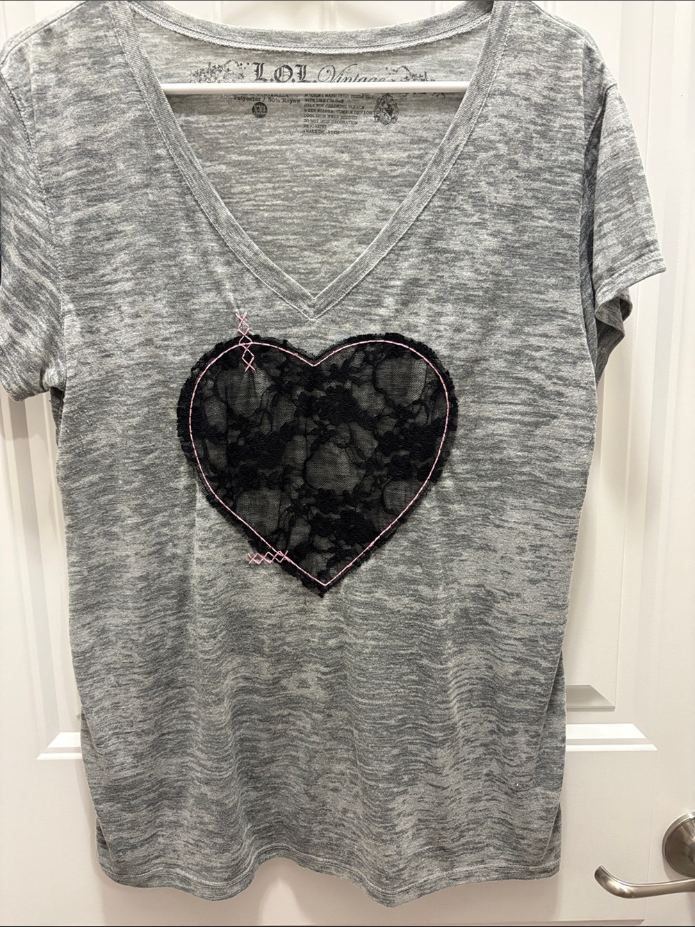 LOL Vintage XXL Gray Burnout Tee Black Lace Heart Y2K